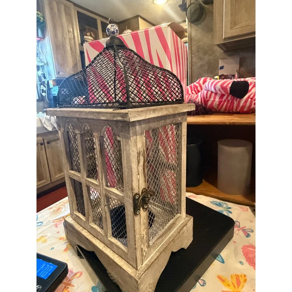 Pink Zebra Rustic Farmhouse Wood Metal Mesh Lantern Decorative Birdcage Gray
